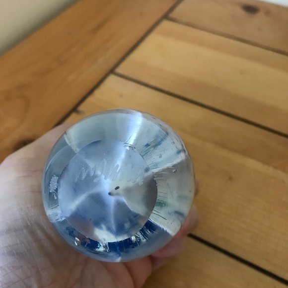 Mdina Studio Art Glass Egg Paperweight Controlled Bubble Blue Flower Signed - Picture 10 of 12